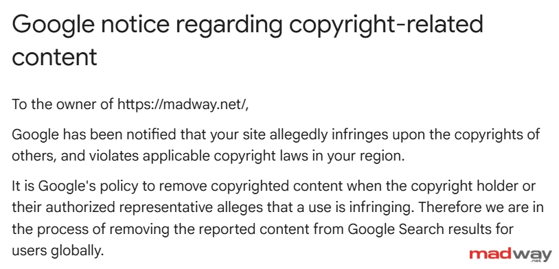 Google notice regarding copyright-related content